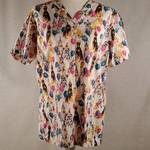 Birthday dogs party scrub top with balloons